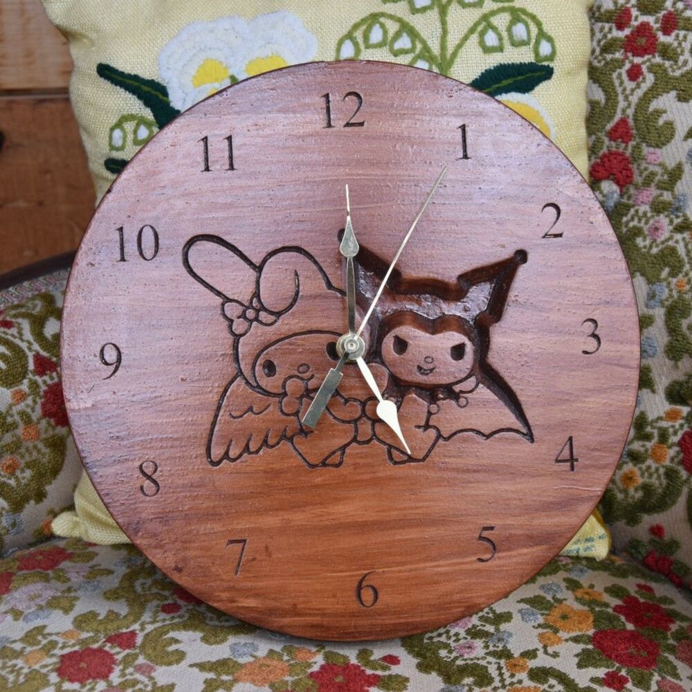 Handmade Wooden My Melody Kuromi Wall Clock Sanrio Fan Art Quartz